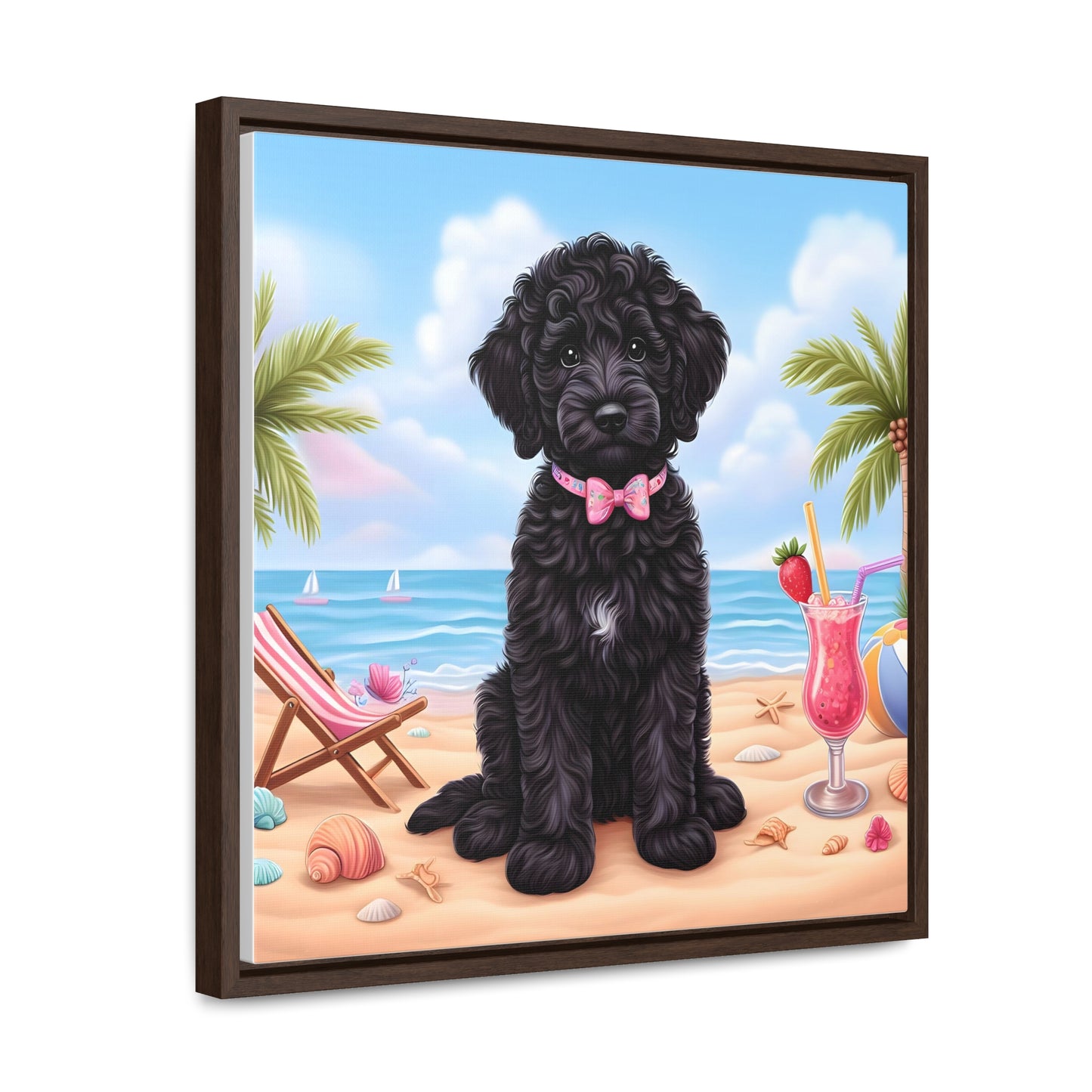 Black Doodle Puppy Cartoon Inspired - Wooden Gallery Canvas Picture - Square Frame - Nice!