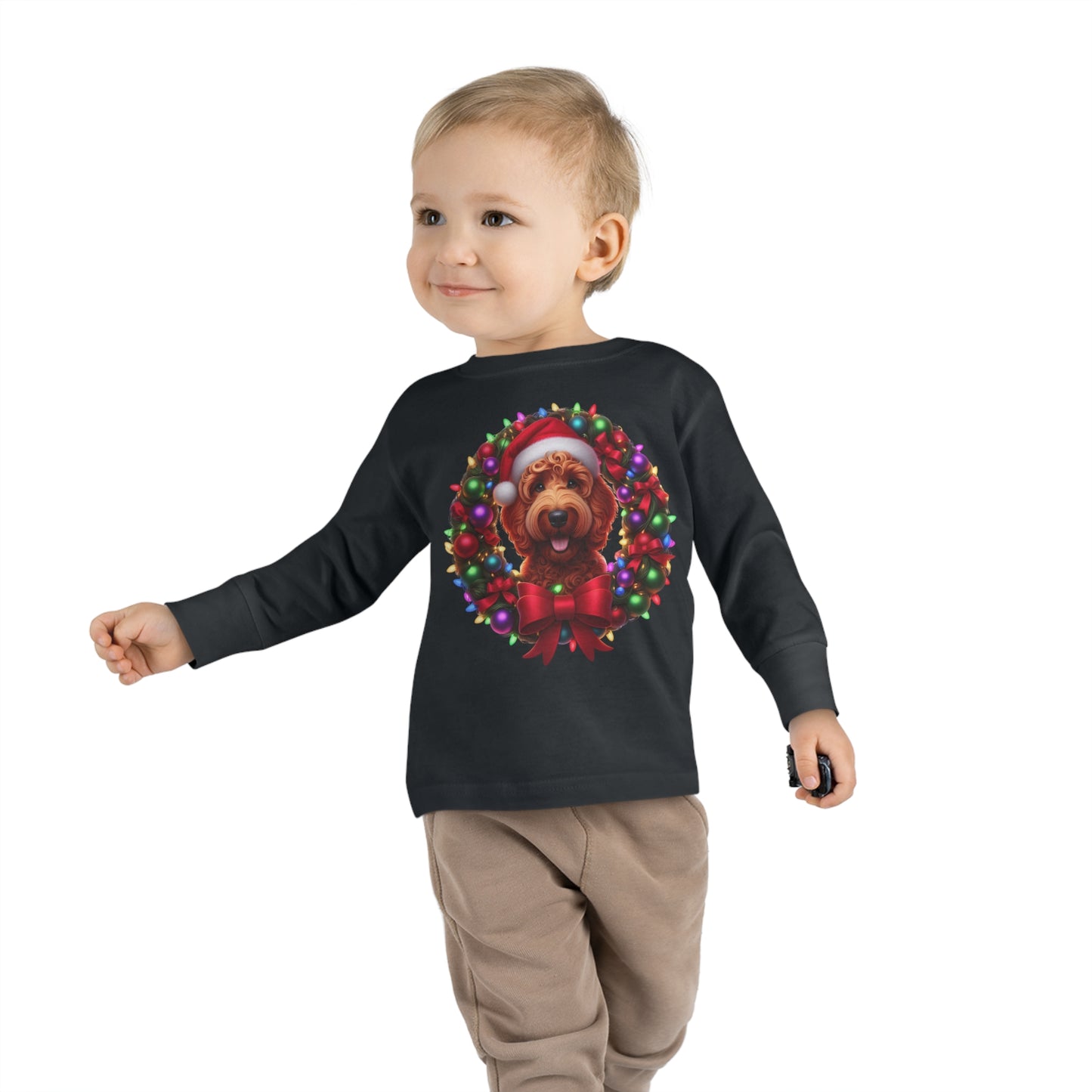 Red Doodle Christmas Wreath - Toddler Long Sleeve T Shirt