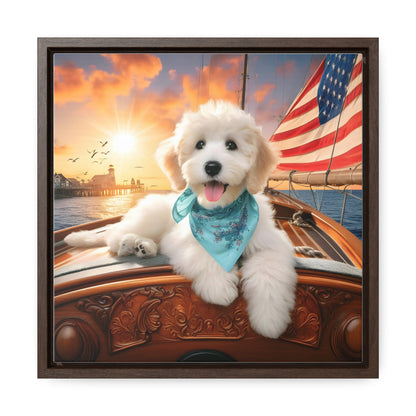 White Doodle on Sailboat at Sunset - Wooden Gallery Canvas Picture - Square Frame - Nice!