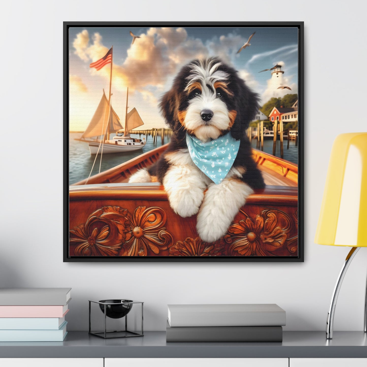 Bernedoodle on Sailboat - Wooden Gallery Canvas Picture - Square Frame - Nice!