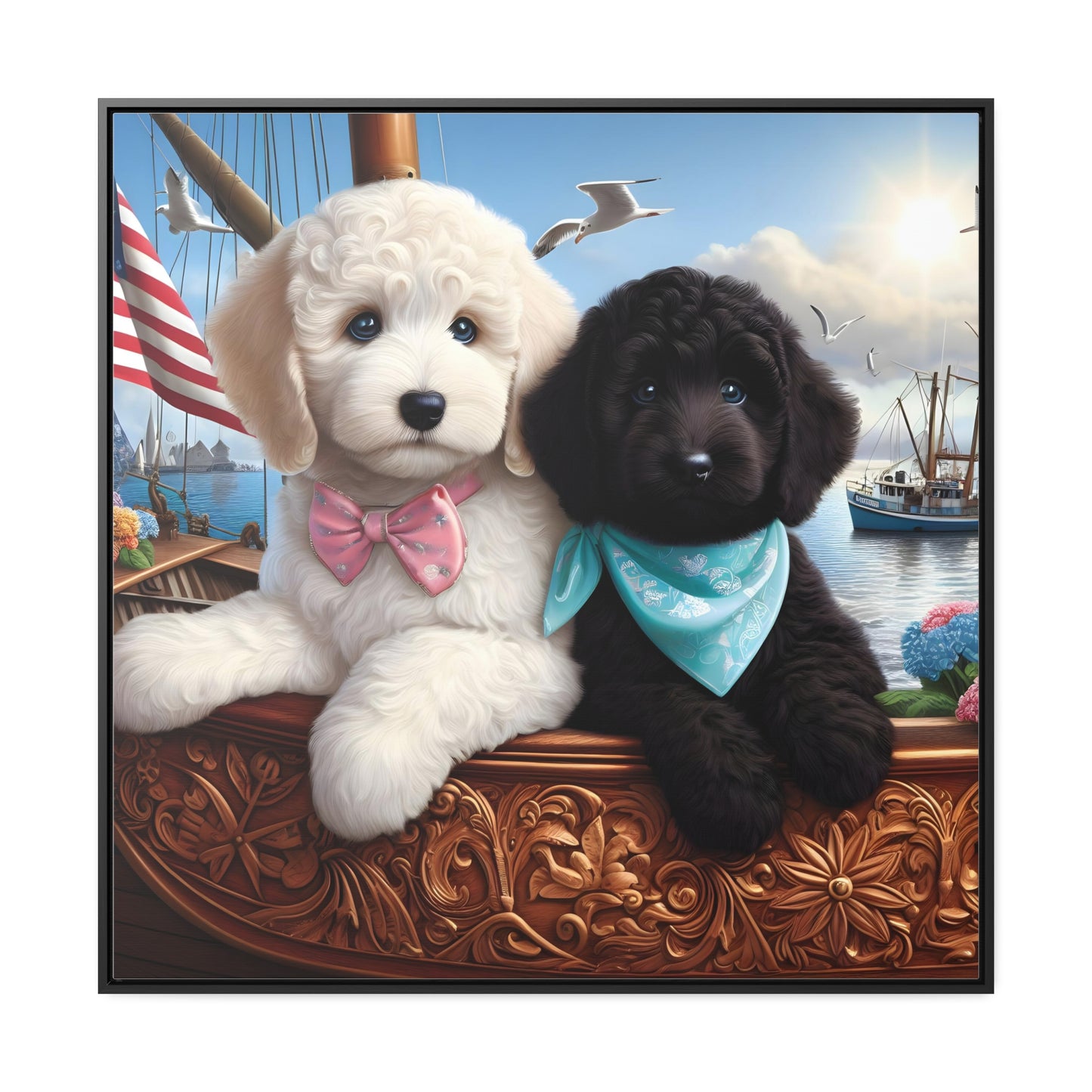 White and Black Doodle on Sailboat - Wooden Gallery Canvas Pictures - Square Frame - Nice!