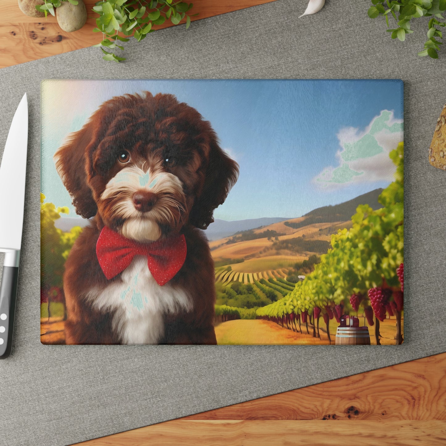 Chocolate and White Doodle at Winery - Glass Cutting Board