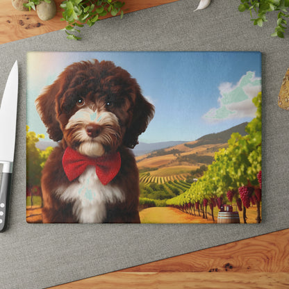 Chocolate and White Doodle at Winery - Glass Cutting Board