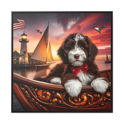 Chocolate Doodle on Sailboat at Sunset - Wooden Gallery Canvas Picture - Square Frame - Nice!