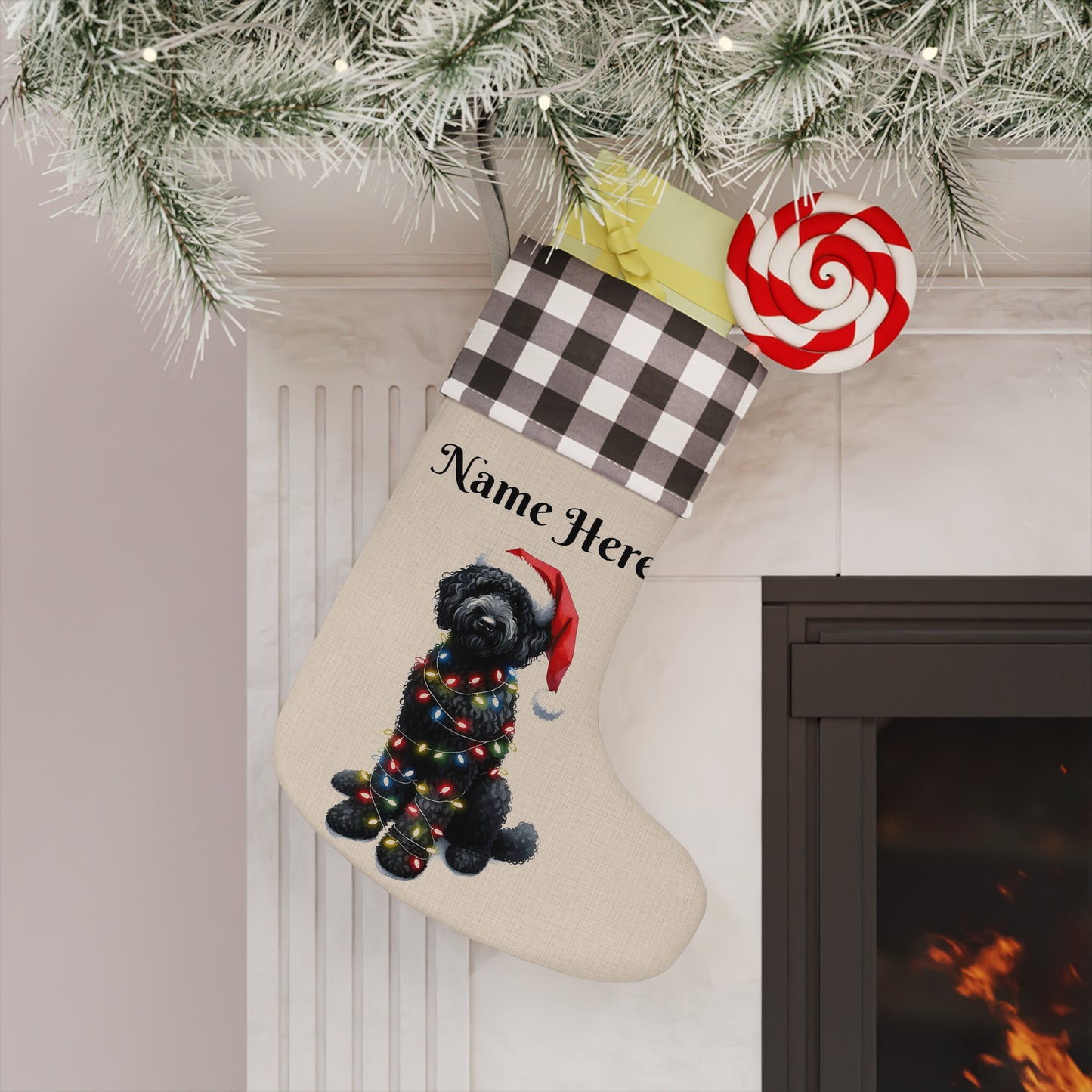 Black Doodle w/Lights Personalized Christmas Stocking