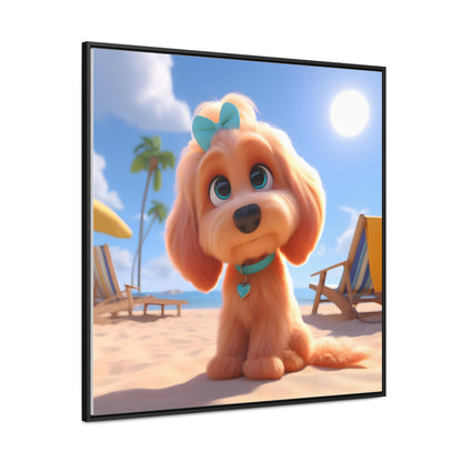 Doodle Cartoon Inspired Puppy w/Blue Collar & Bow - Wooden Gallery Canvas Picture - Square Frame - Nice!