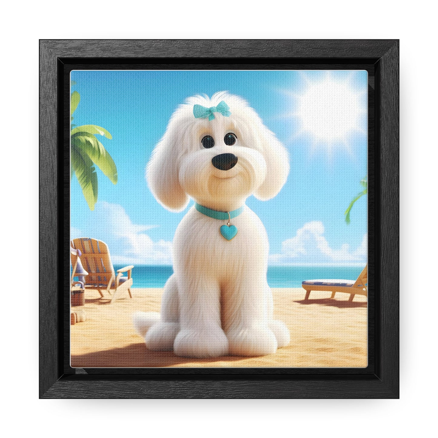 White Doodle Puppy Cartoon Inspired - Wooden Gallery Canvas - Square Frame - Nice!