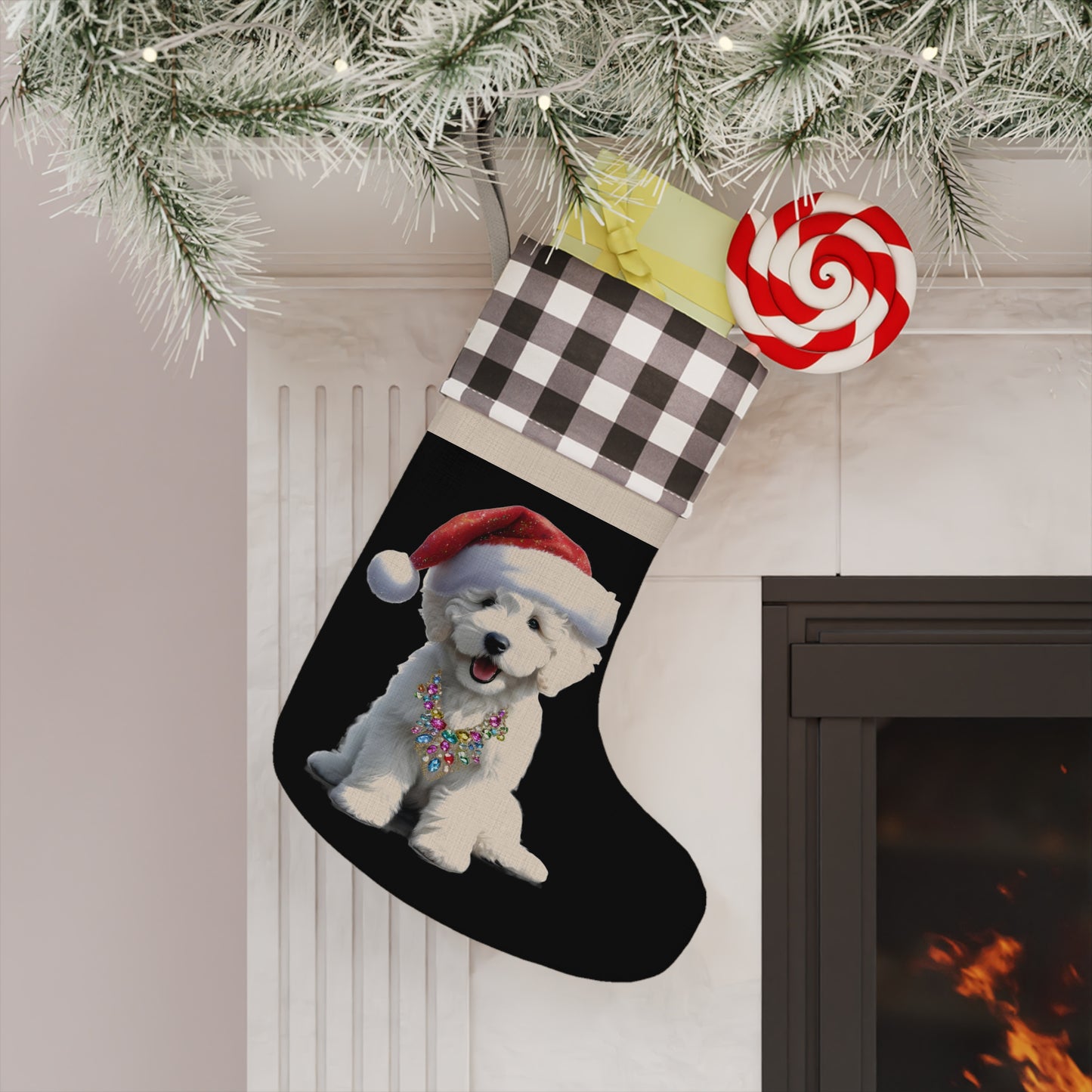 White Doodle Puppy Christmas Stocking