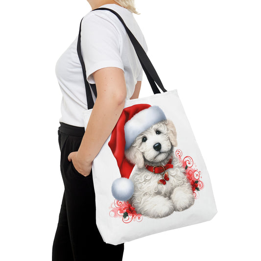 White Christmas Doodle Puppy Tote Bag