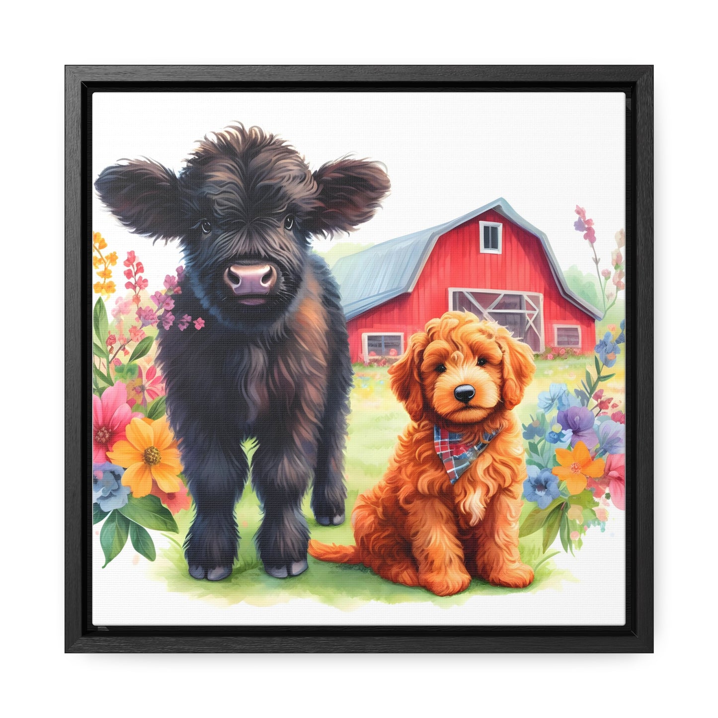 Scottish Highland Cow Doodle Gallery Canvas Picture Square Wood Frame - Nice!