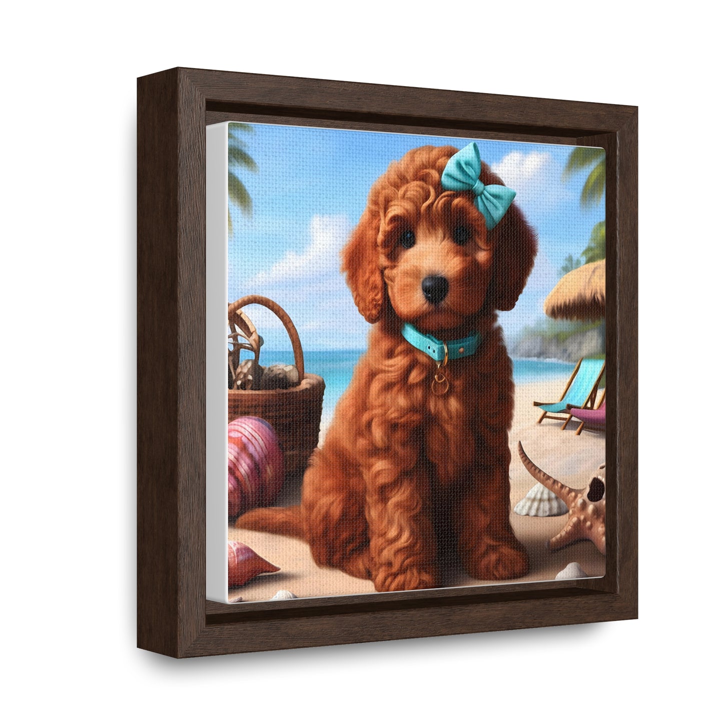 Red Doodle Puppy on Beach - Wooden Gallery Canvas Picture - Square Frame - Nice!