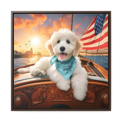 White Doodle on Sailboat at Sunset - Wooden Gallery Canvas Picture - Square Frame - Nice!