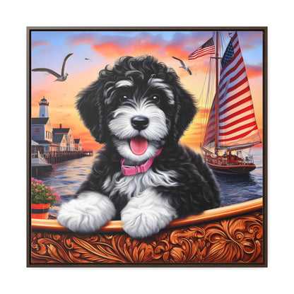 Black and White Doodle on Sailboat at Sunset - Wooden Gallery Canvas Picture - Square Frame - Nice!