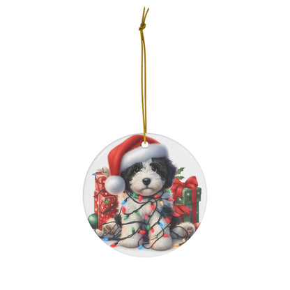 Black & White Doodle Christmas Puppy Ceramic Ornament