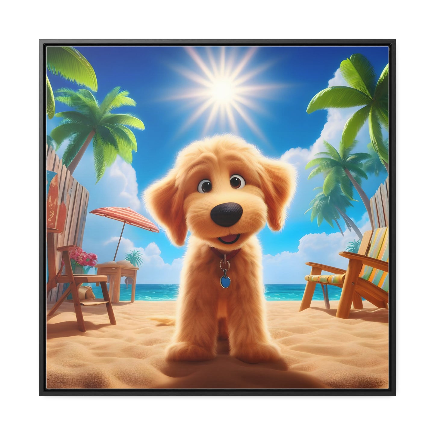 Doodle on Beach Cartoon Inspired - Wooden Gallery Canvas Picture - Square Frame - Nice!