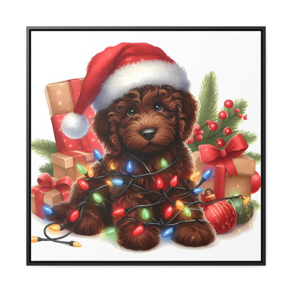 Christmas Lights Chocolate Doodle Puppy - Wooden Gallery Canvas Square Frame - Nice!