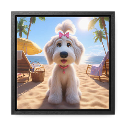 White Doodle Puppy Cartoon Inspired w/Pink Bow - Wooden Gallery Canvas - Square Frame - Nice!