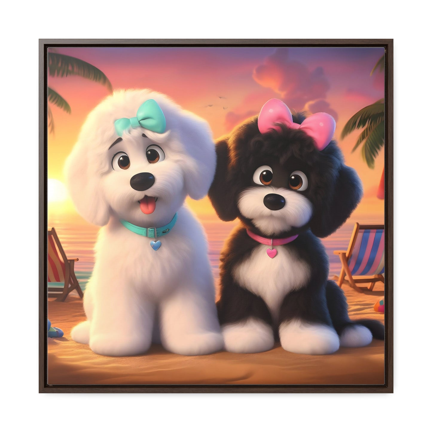 Doodle Puppies on Beach, Cartoon Inspired - Wooden Gallery Canvas Picture - Square Frame - Nice!