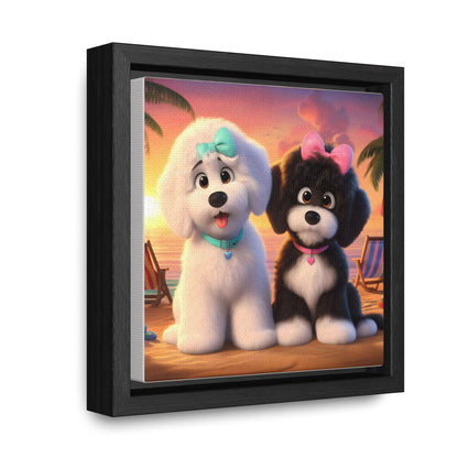 Doodle Puppies on Beach, Cartoon Inspired - Wooden Gallery Canvas Picture - Square Frame - Nice!