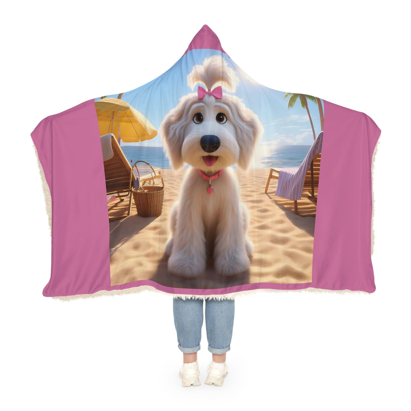 White Doodle Puppy Cartoon Inspired w/Pink Bow Hooded Snuggle Blanket