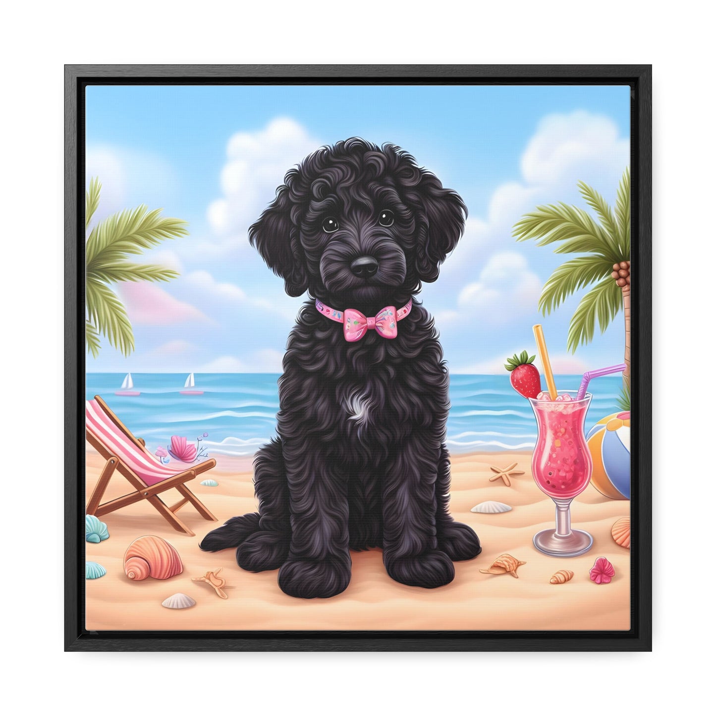 Black Doodle Puppy Cartoon Inspired - Wooden Gallery Canvas Picture - Square Frame - Nice!