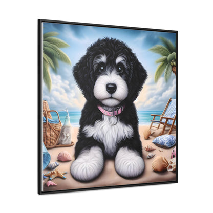 Black & White Doodle Puppy on Beach - Wooden Gallery Canvas Picture - Square Frame - Nice!