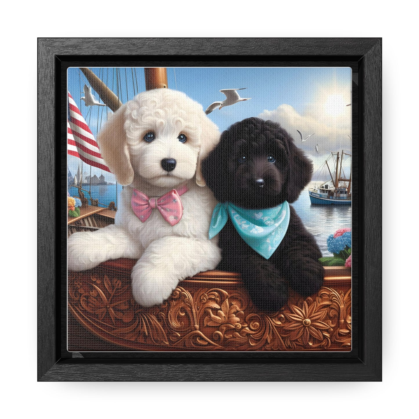 White and Black Doodle on Sailboat - Wooden Gallery Canvas Pictures - Square Frame - Nice!