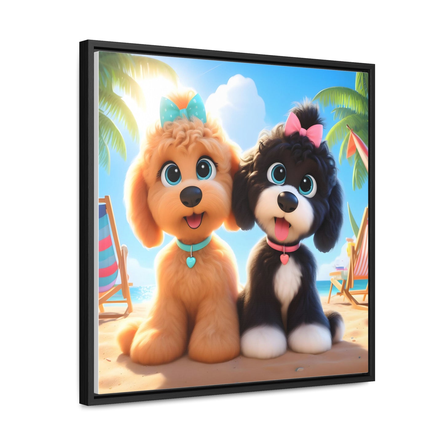 Doodle Puppies on Beach, Cartoon Inspired - Wooden Gallery Canvas Pictures - Square Frame - Nice!