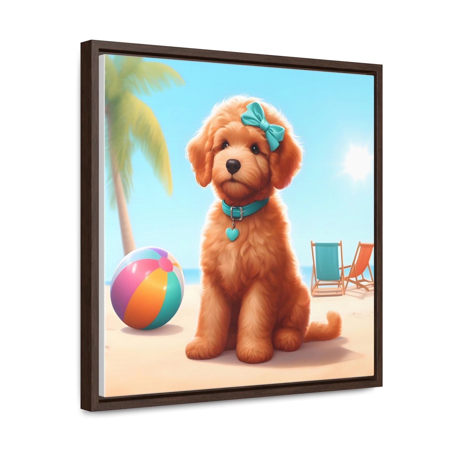 Doodle Puppy on Beach - Wooden Gallery Canvas Picture, Square Frame! Nice!