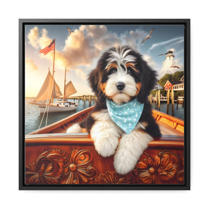 Bernedoodle on Sailboat - Wooden Gallery Canvas Picture - Square Frame - Nice!