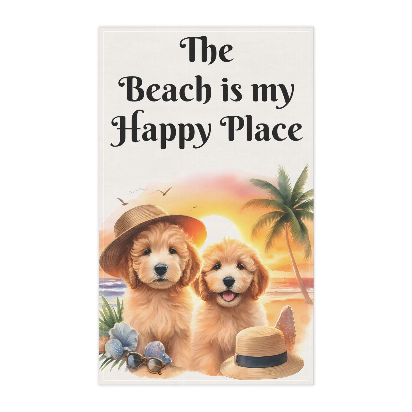 Doodle Puppies Beach is my Happy Place Kitchen Towel