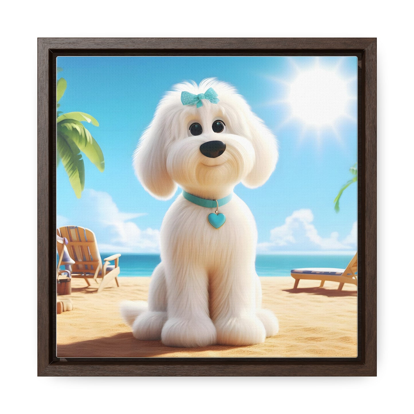 White Doodle Puppy Cartoon Inspired - Wooden Gallery Canvas - Square Frame - Nice!