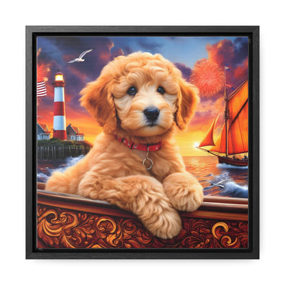 Apricot Doodle on Sailboat - Wooden Gallery Canvas Picture - Square Frame - Nice!