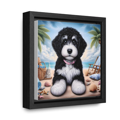 Black & White Doodle Puppy on Beach - Wooden Gallery Canvas Picture - Square Frame - Nice!