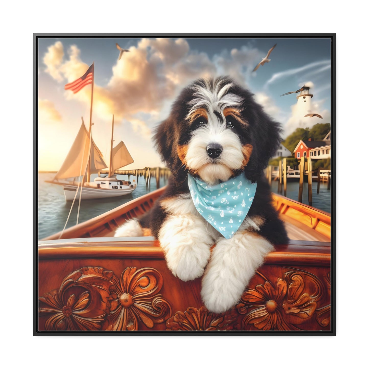 Bernedoodle on Sailboat - Wooden Gallery Canvas Picture - Square Frame - Nice!