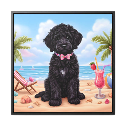 Black Doodle Puppy Cartoon Inspired - Wooden Gallery Canvas Picture - Square Frame - Nice!