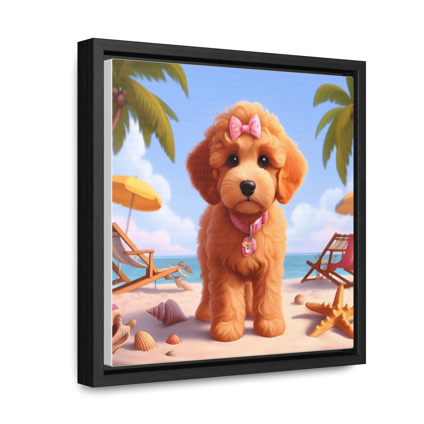 Doodle Puppy on Beach Pink Collar and Bow - Wooden Gallery Canvas Picture - Square Frame - Nice!