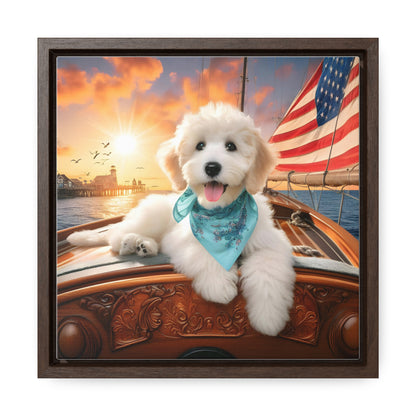 White Doodle on Sailboat at Sunset - Wooden Gallery Canvas Picture - Square Frame - Nice!