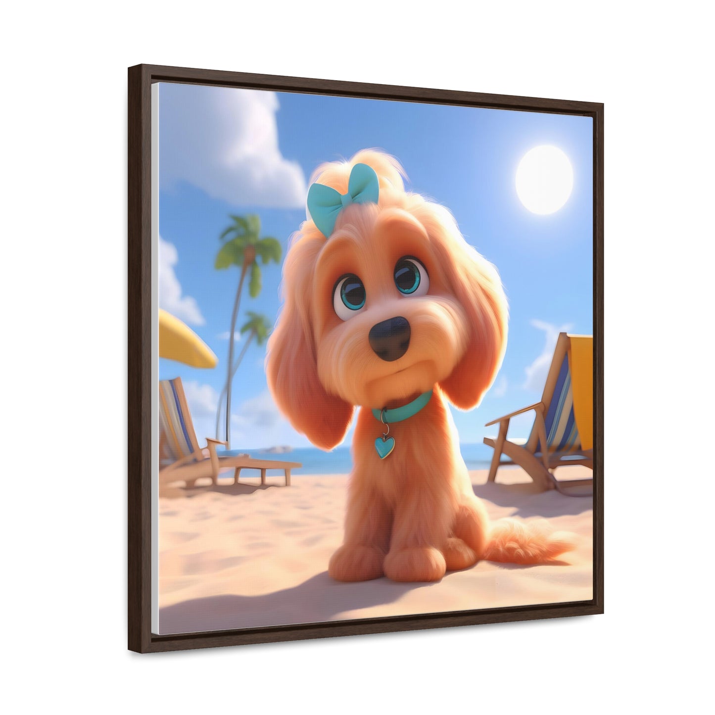 Doodle Cartoon Inspired Puppy w/Blue Collar & Bow - Wooden Gallery Canvas Picture - Square Frame - Nice!