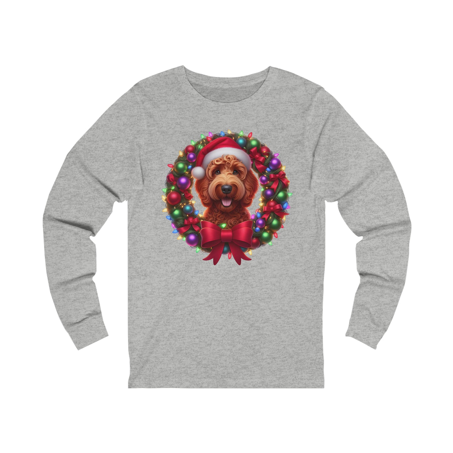 Red Christmas Doodle Wreath - Adult Unisex Bella + Canvas - Long Sleeve T Shirt