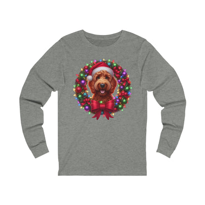 Red Christmas Doodle Wreath - Adult Unisex Bella + Canvas - Long Sleeve T Shirt