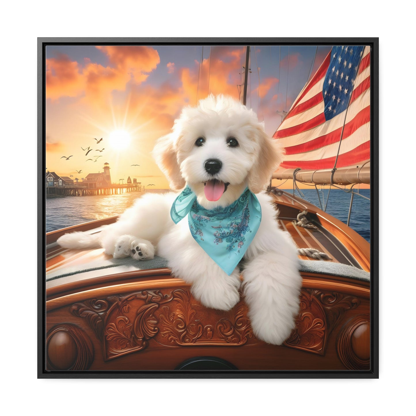 White Doodle on Sailboat at Sunset - Wooden Gallery Canvas Picture - Square Frame - Nice!