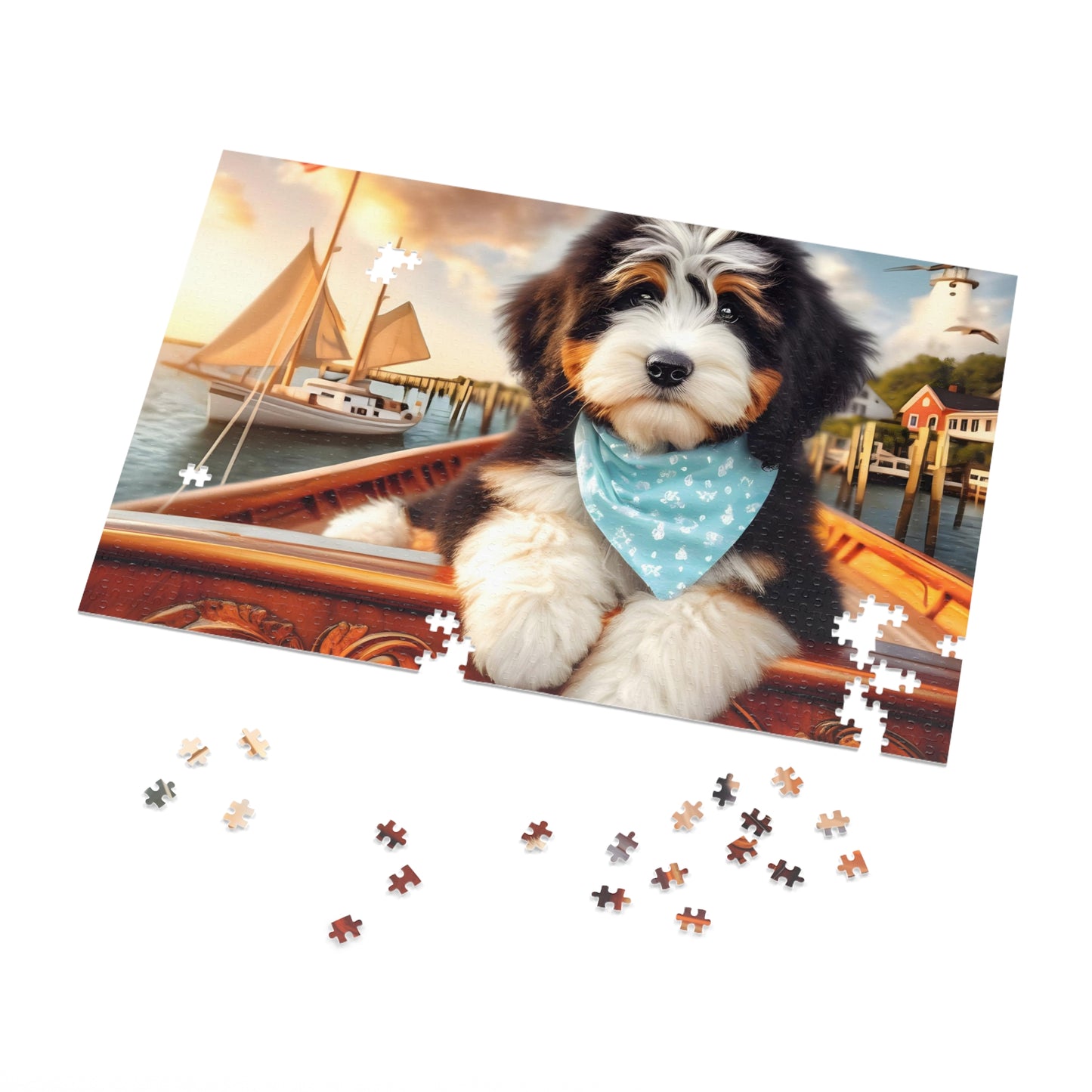 Bernedoodle on Sailboat Jigsaw Puzzle (500,1000-Piece)