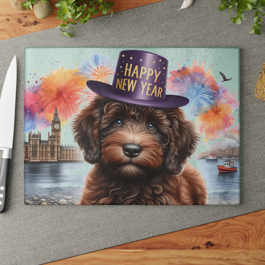 Chocolate Brown Doodle Happy New Year - Glass Cutting Board