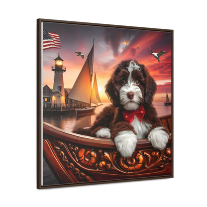 Chocolate Doodle on Sailboat at Sunset - Wooden Gallery Canvas Picture - Square Frame - Nice!