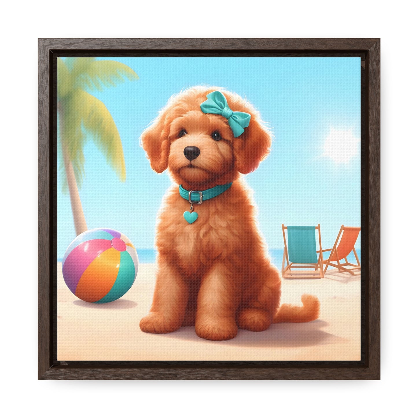 Doodle Puppy on Beach - Wooden Gallery Canvas Picture, Square Frame! Nice!