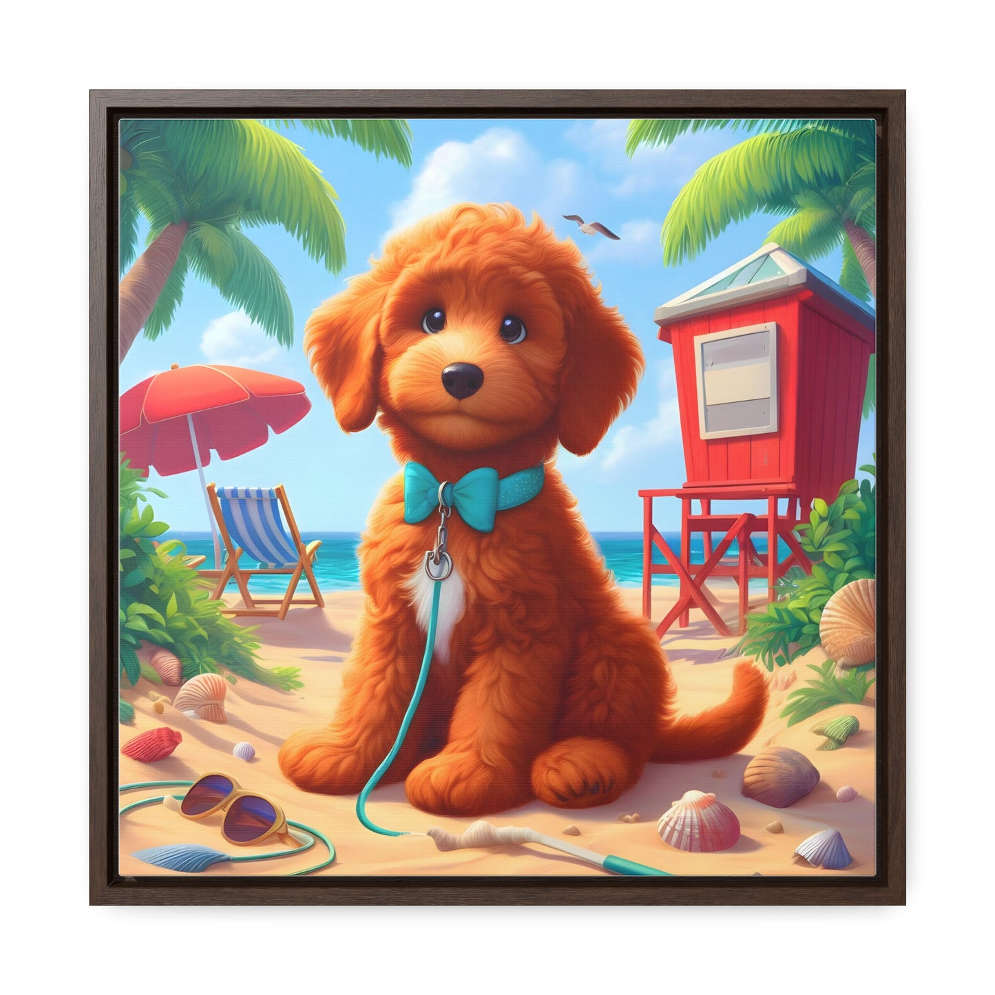 Red Doodle Puppy, Cartoon Inspired - Wooden Gallery Canvas Picture - Square Frame - Nice!