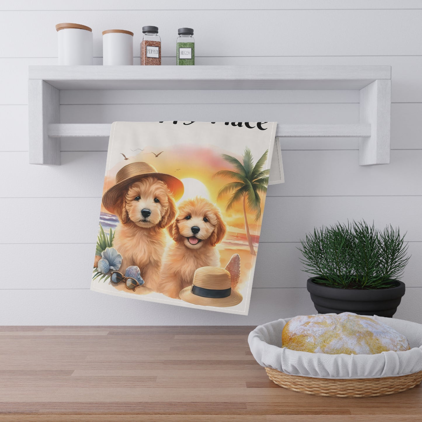 Doodle Puppies Beach is my Happy Place Kitchen Towel