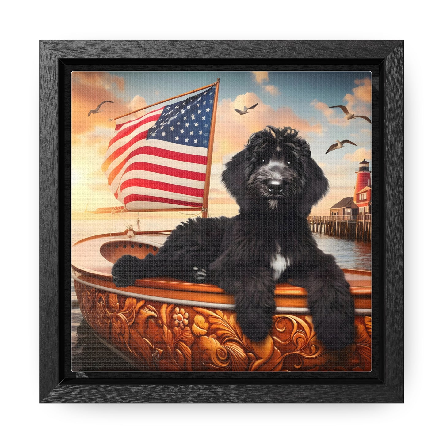 Black Doodle on Sailboat - Wooden Gallery Canvas Picture - Square Frame - Nice!