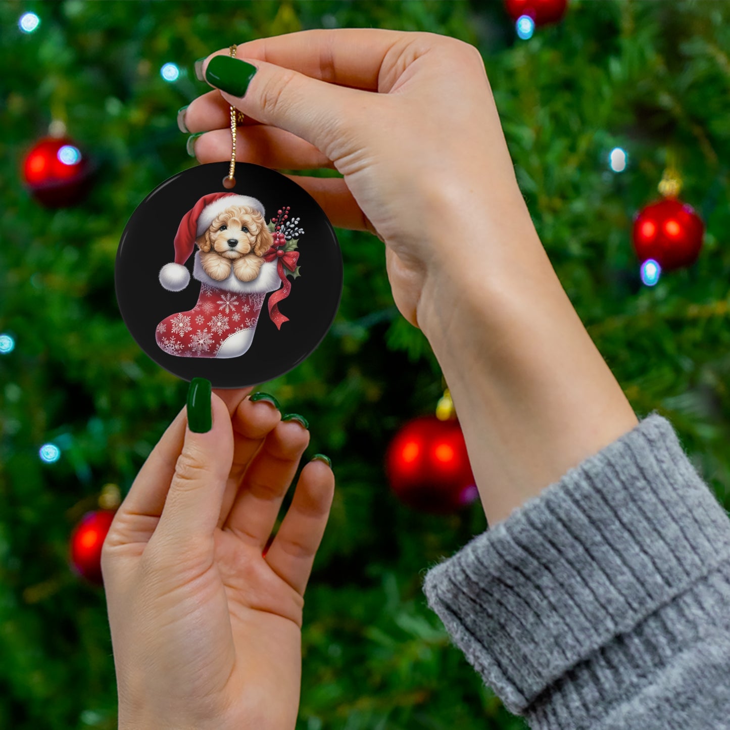 Christmas Doodle Puppy Stocking Ceramic Ornament, 3 Shapes